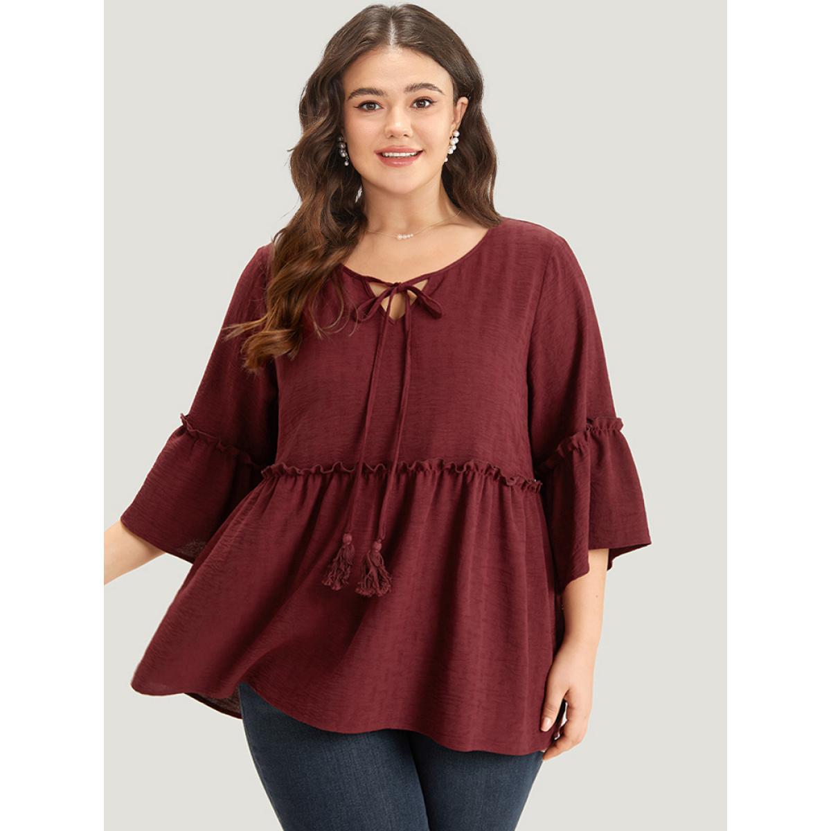 Plus Size Scarlet Plain V Neck Frill Trim Tassel Bell Hem Blouse Women Vacation Elbow-length sleeve V-neck Dailywear Blouses BloomChic 22-24/3X Product Image