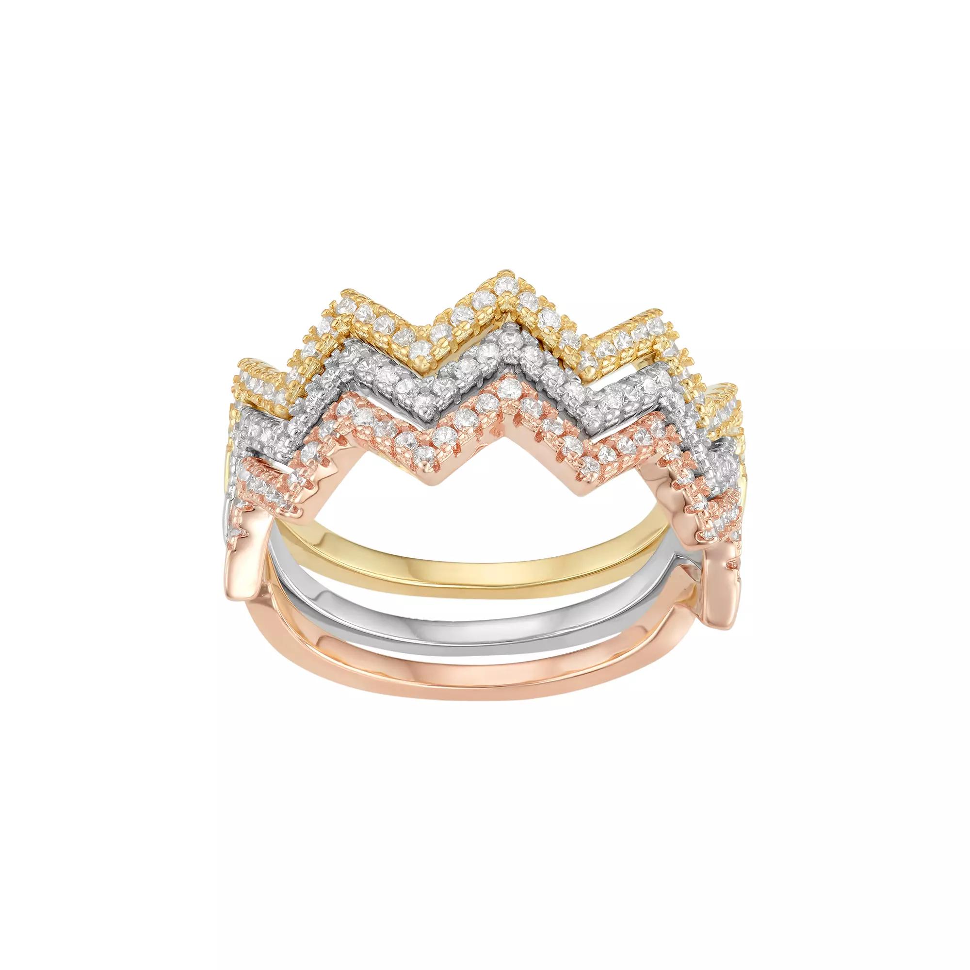 Cubic Zirconia Tri-Tone Sterling Silver Zigzag Stack Ring Set, Women's, Size: 8, Multicolor Product Image