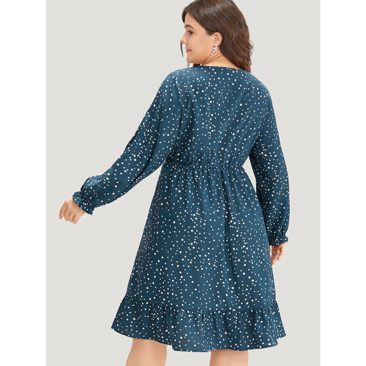 Plus Size Polka Dot Overlap Collar Flutter Trim Dress Aegean Women Elegant Elastic cuffs V-neck Long Sleeve Curvy Midi Dress BloomChic 12/L Product Image