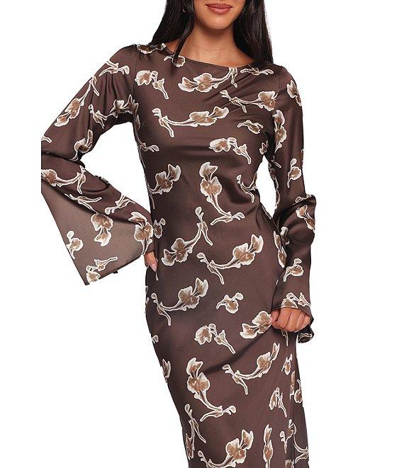 Petal & Pup Maia Floral Print Round Neck Long Sleeve Satin Maxi Dress Product Image