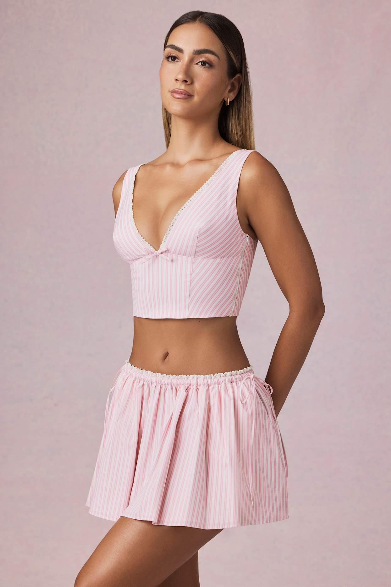 Ruched Drawstring Mini Skirt in Soft Mauve Stripe Product Image