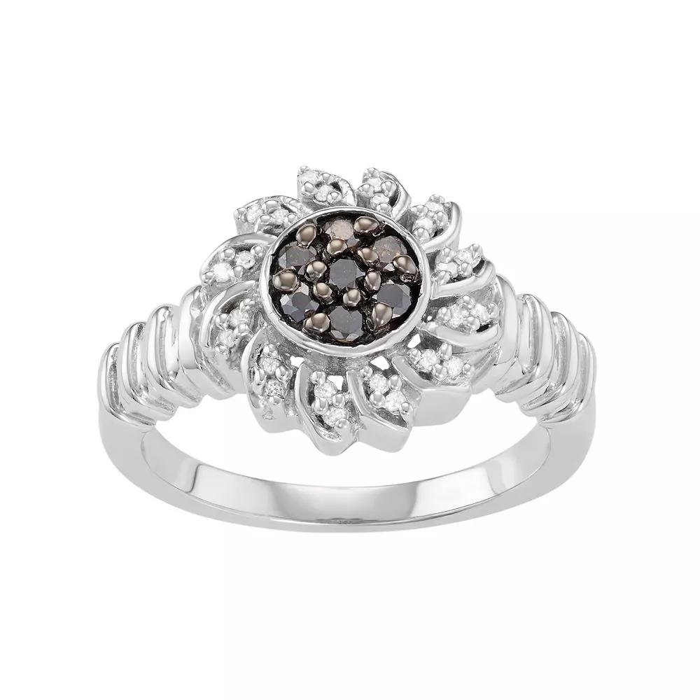 Jewelexcess Sterling Silver 1/4 Carat T.W. Black & White Diamond Flower Ring, Women's, Size: 7 Product Image