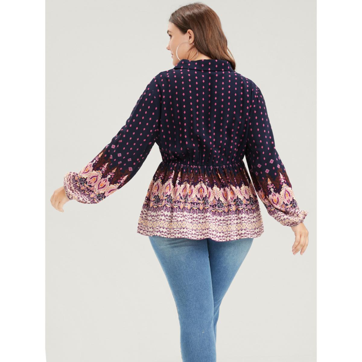 Plus Size DarkBlue Floral Button Lantern Sleeve Elastic Waist Flutter Blouse Women Vacation Long Sleeve V-neck Dailywear Blouses BloomChic 14-16/1X Product Image