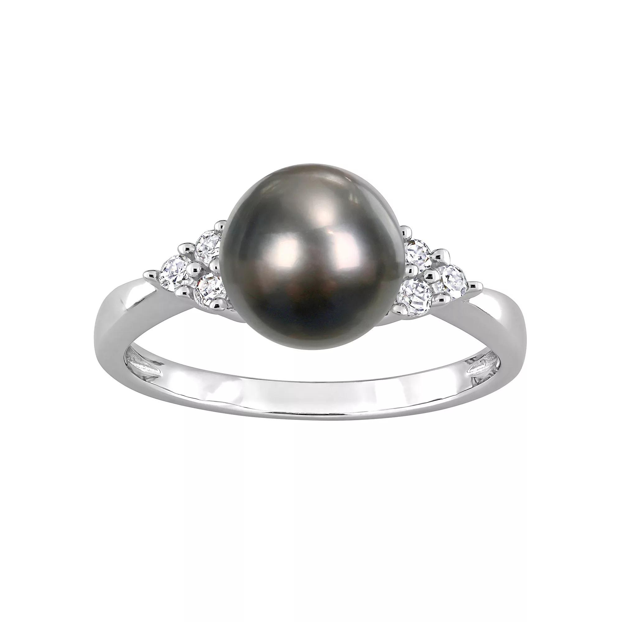 Stella Grace Sterling Silver Tahitian Cultured Pearl & 1/8 Carat T.W. Diamond Ring, Women's, Size: 5 Product Image
