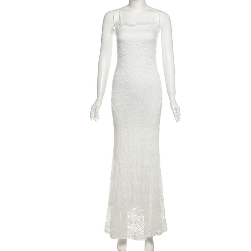 Spaghetti Strap Plain Frill Lace Maxi Sheath Dress Product Image