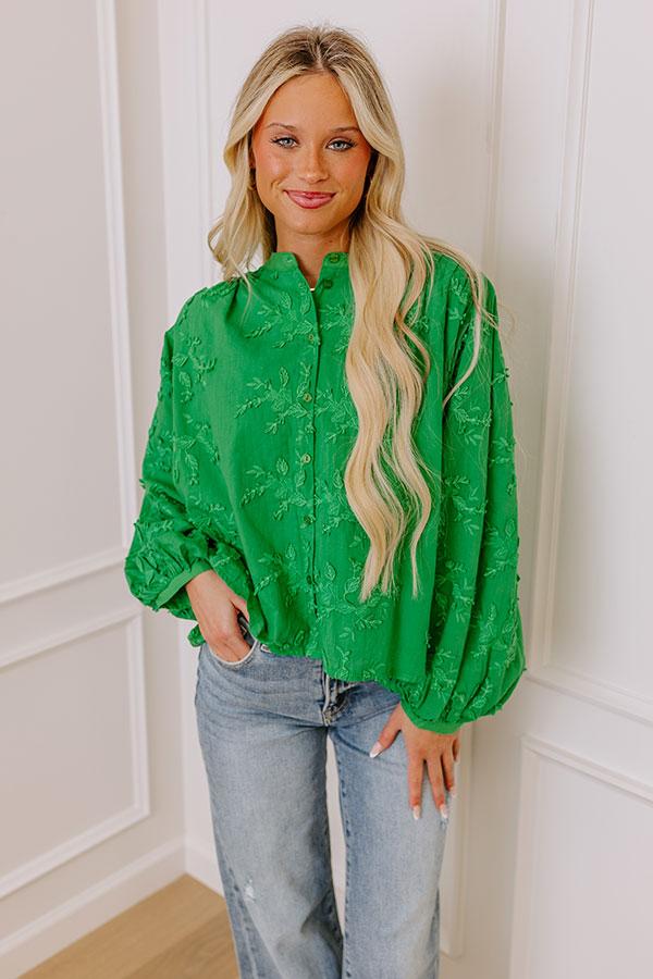 Lost In Love Embroidered Button Up in Kelly Green Product Image