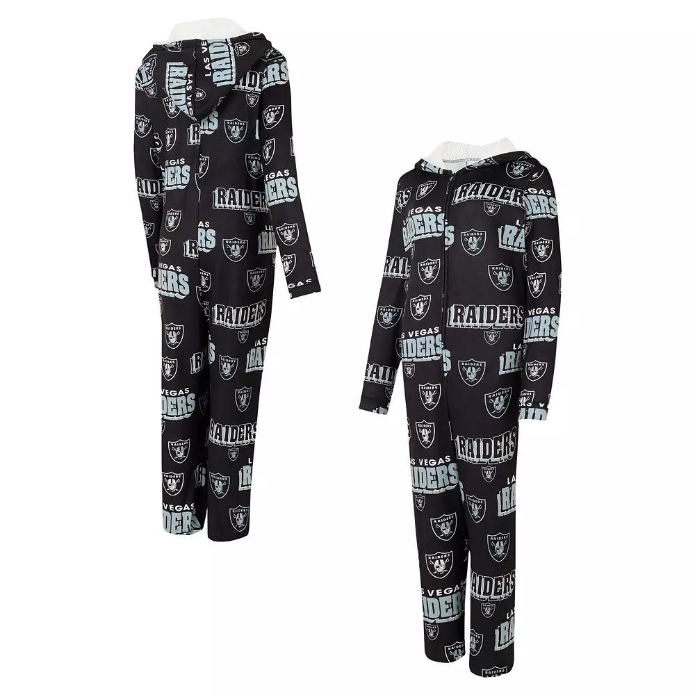Women's Concepts Sport Black Las Vegas Raiders Roadway Allover Print Microfleece Full-Zip Union Suit,  Product Image