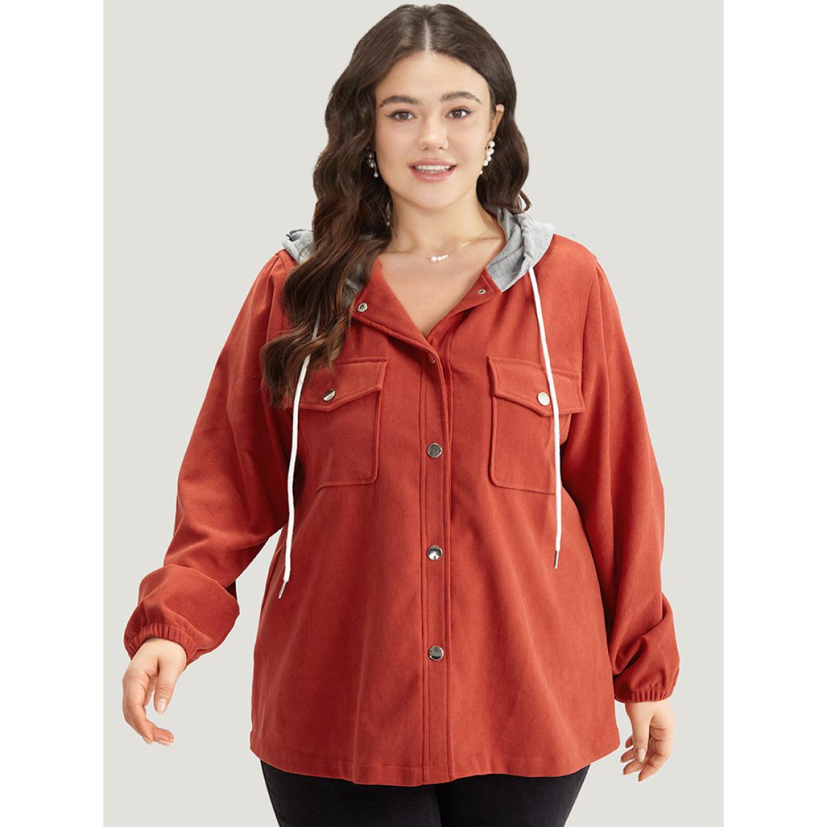 Plus Size Contrast Patchwork Button Through Hooded Drawstring Corduroy Coat Women OrangeRed Contrast Pocket Dailywear Jackets BloomChic 10/M Product Image