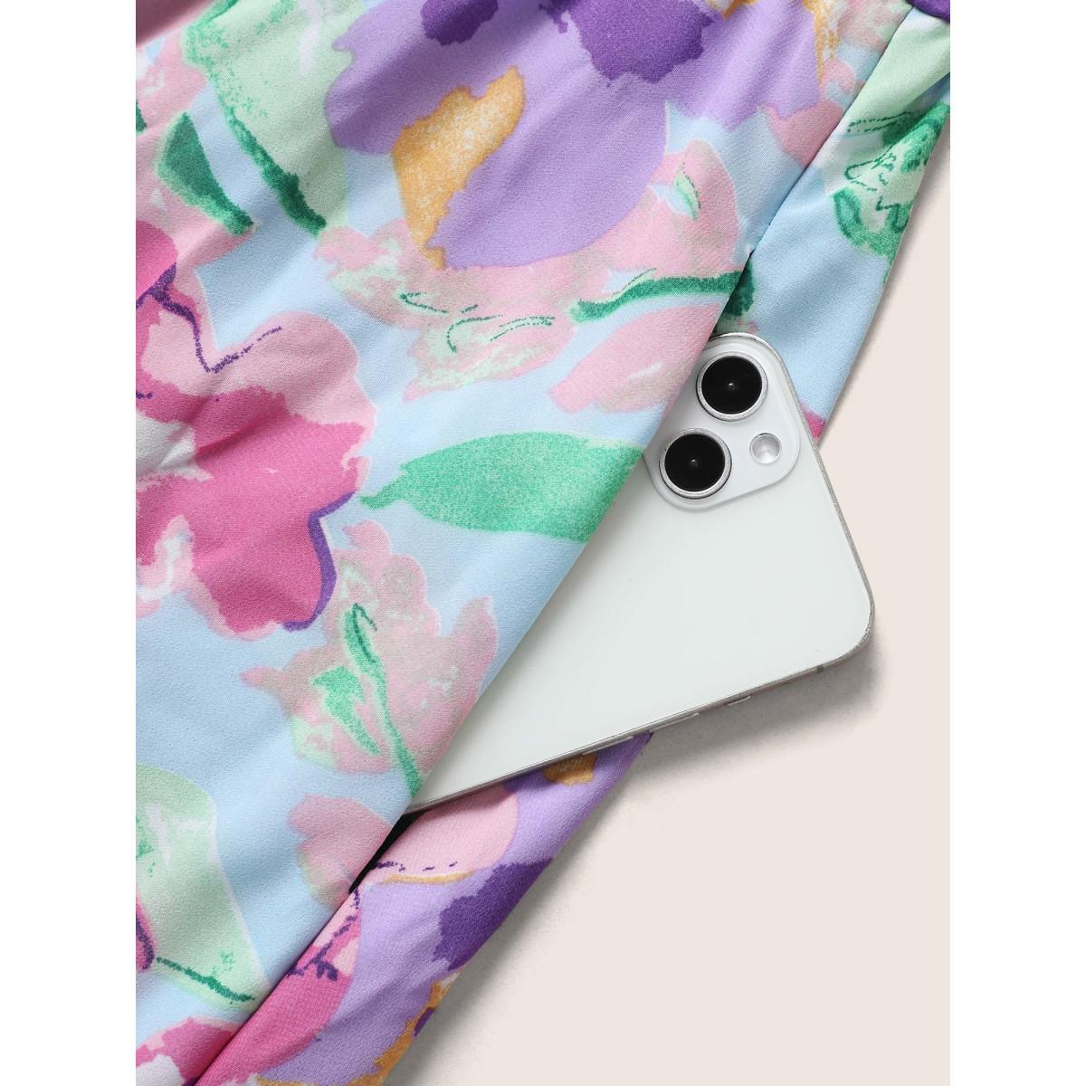 Plus Size Halter Neck Watercolor Floral Belted Dress LightBlue Women Elegant Gathered Halter neck Sleeveless Curvy BloomChic 18-20/2X Product Image