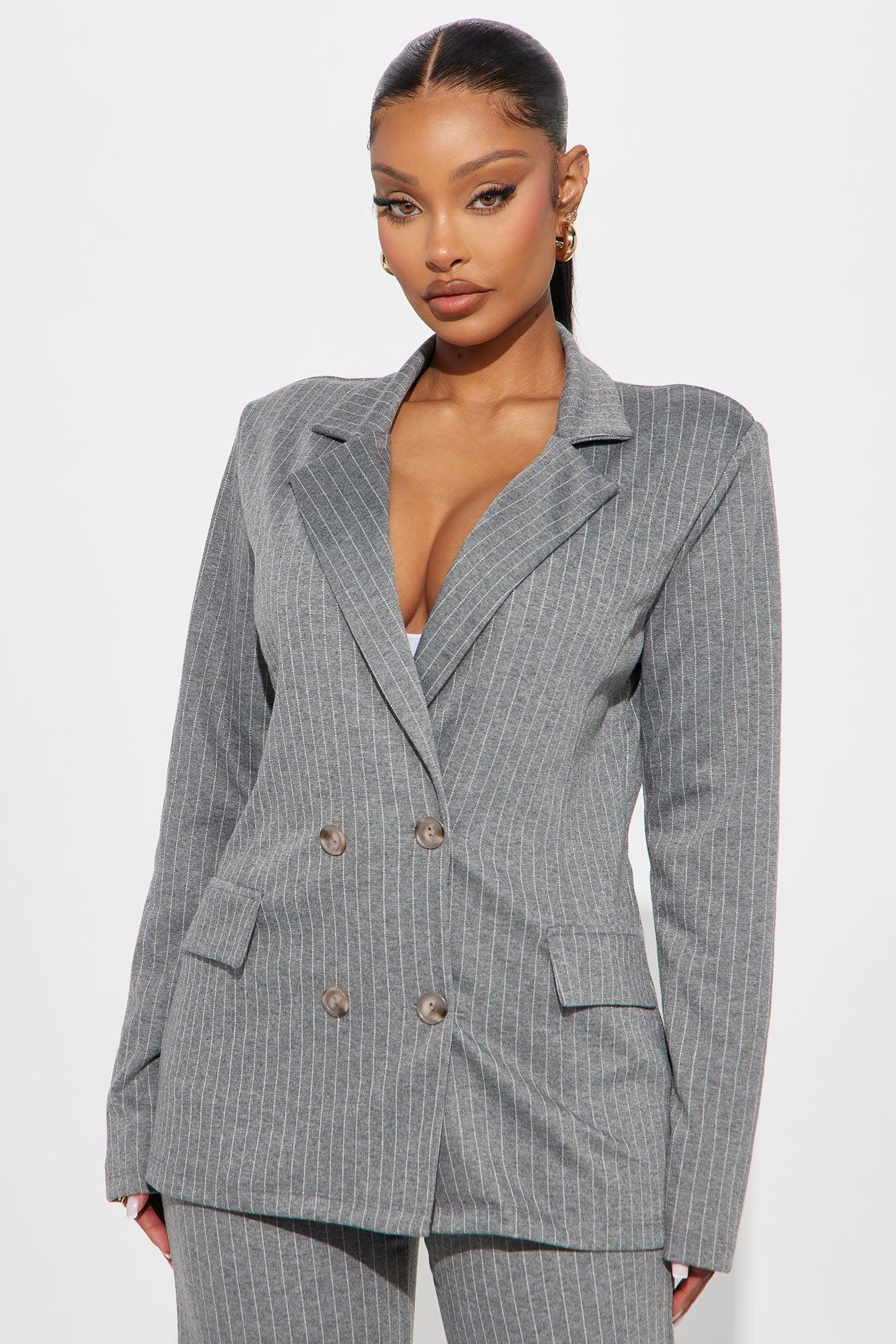 Work Wife Pinstripe Pant Set - Grey/White Product Image