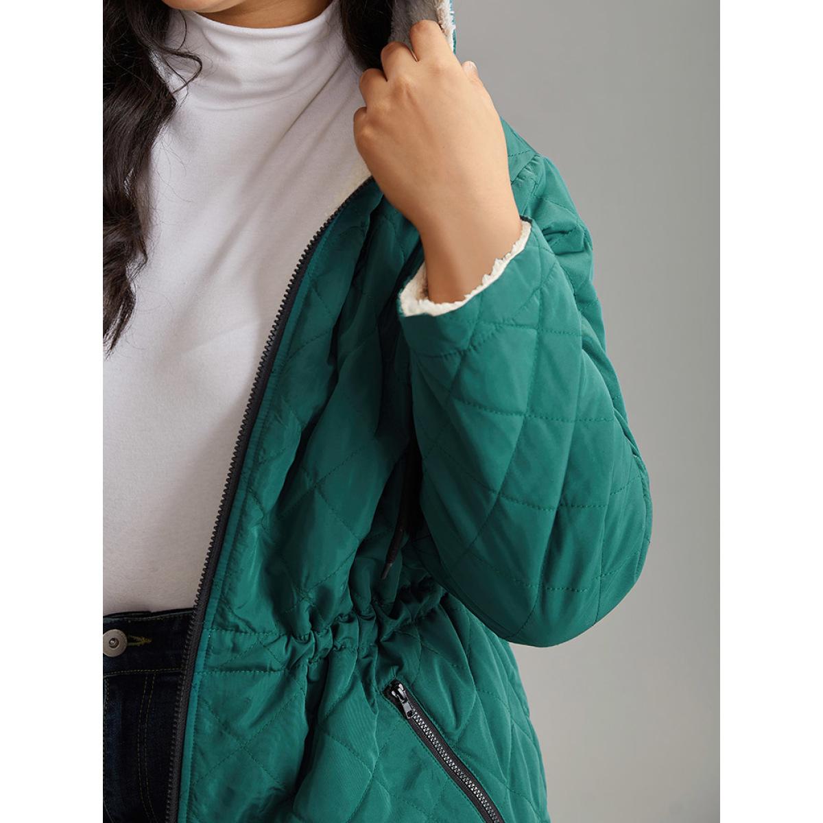 Plus Size Drawstring Quilted Zipper Fluffy Patchwork Jacket Women DarkGreen Texture Pocket Everyday Jackets BloomChic 14-16/1X Product Image