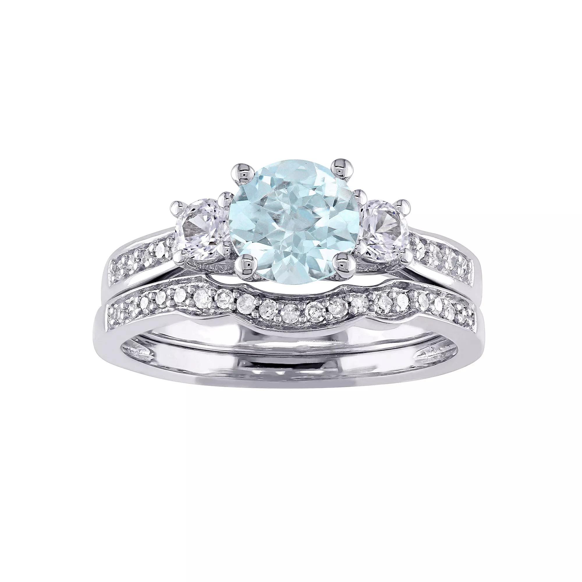 Stella Grace 10k White Gold Aquamarine, Lab-Created White Sapphire & 1/8 Carat T.W. Diamond Vintage Engagement Ring Set, Women's, Size: 5 Product Image