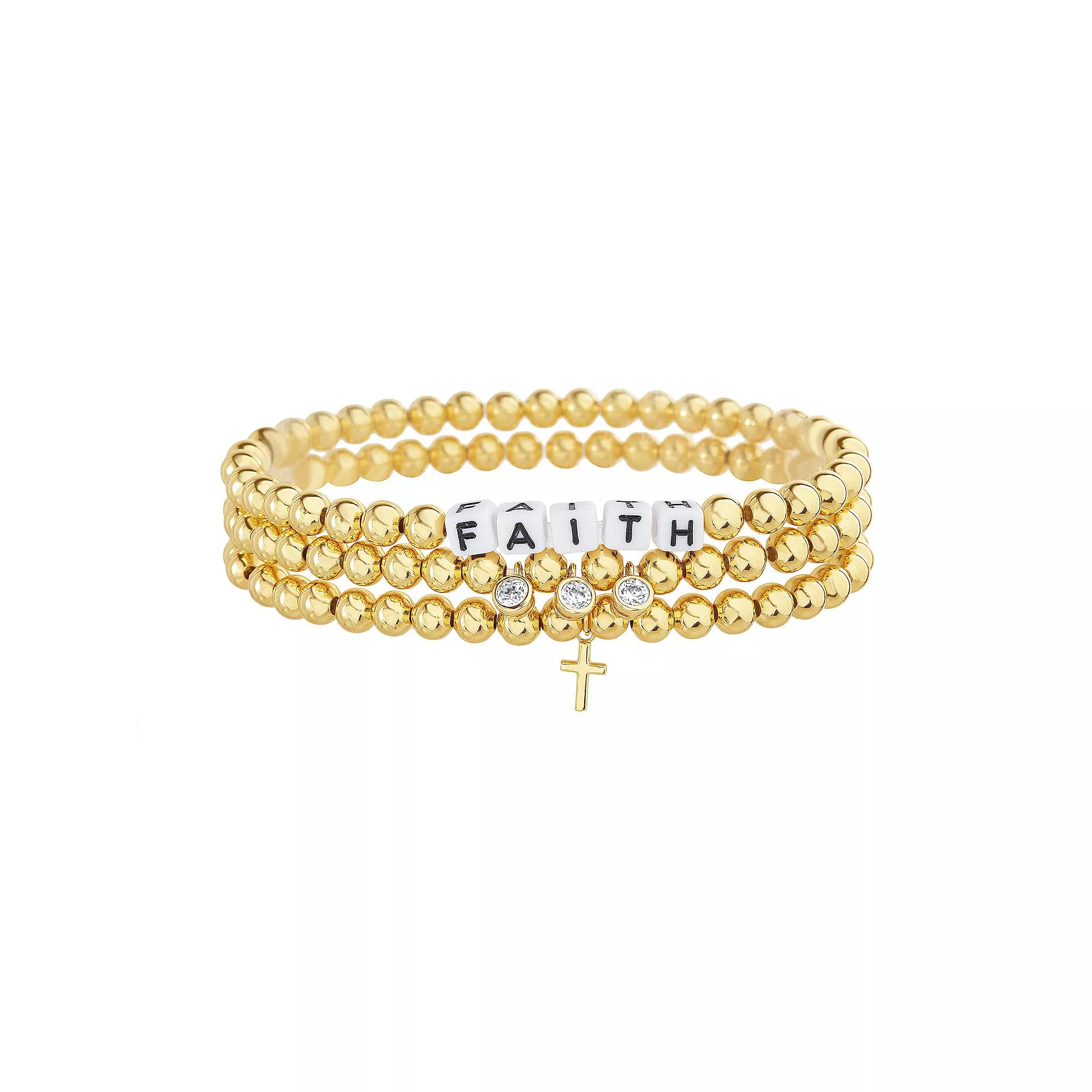 Guided by Faith 14k Gold Plated Beaded "Faith" 3-Piece Stretch Bracelet Set with Cross & Cubic Zirconia Charms, Women's, Size: 7.5", Gold Tone Product Image