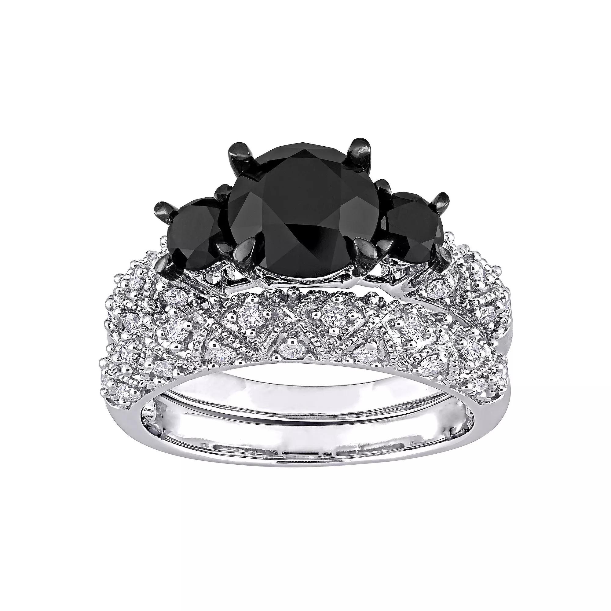 Stella Grace 10k White Gold 3 Carat T.W. Black & White Diamond Vintage Bridal Ring Set, Women's, Size: 4.50, 14k Whgold Product Image