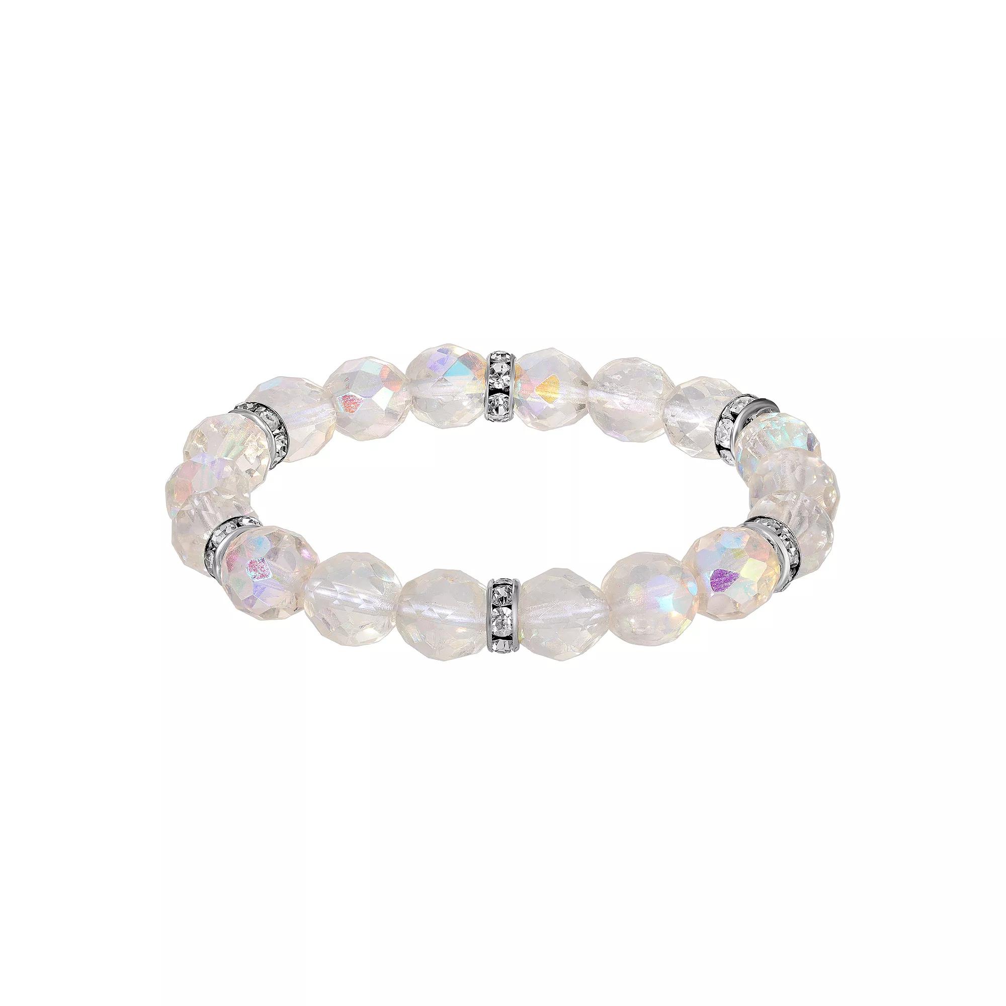 1928 Silver Tone Crystal Bead Stretch Bracelet, Women's, White Product Image