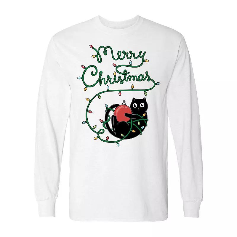 Men's Cat Merry Christmas Long Sleeve Graphic Tee, Size: XL, Irish Green Product Image