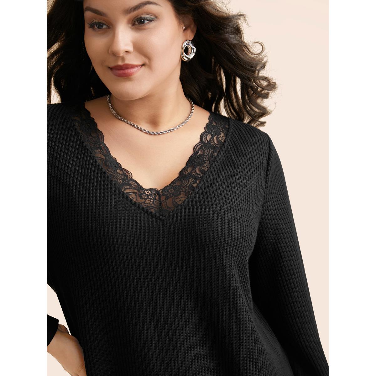 Plus Size Textured V Neck Lace Patchwork Sweatshirt Women Black Elegant Texture Loose V-neck Everyday Sweatshirts BloomChic 14-16/1X Product Image
