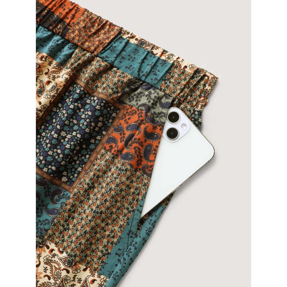 Plus Size Floral Collage Lace Spliced Wide-Leg Pants Women Multicolor Boho Wide Leg Mid Rise Vacation Pants BloomChic 22-24/3X Product Image