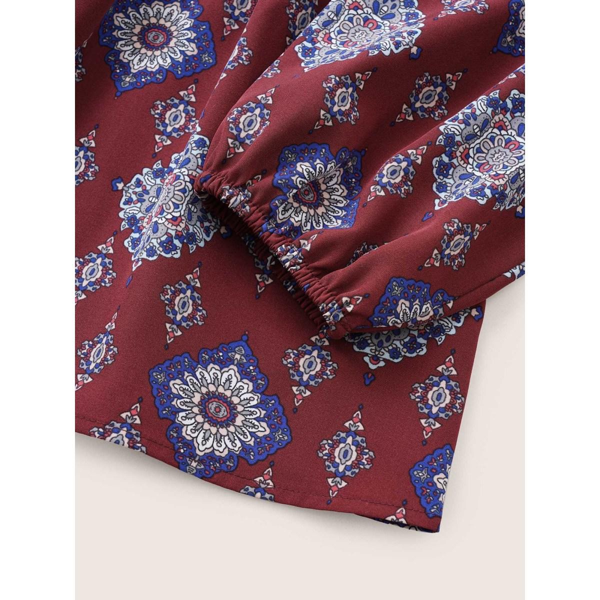 Plus Size Scarlet Boho Print Notched Lantern Sleeve Blouse Women Vacation Long Sleeve Notched collar Vacation Blouses BloomChic 28/5X Product Image