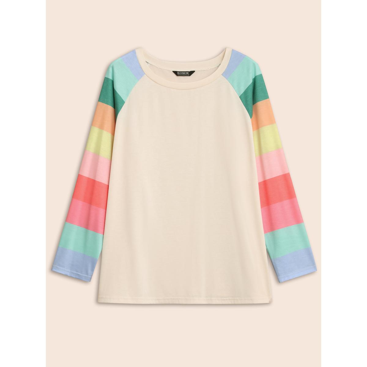 Plus Size Multi-color Striped Sleeves Loose Fit T-shirt Beige Women Casual Contrast Round Neck Everyday T-shirts BloomChic 12/L Product Image
