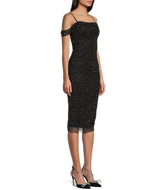 Honey and Rosie Adjustable Strap Sleeveless Fitted Mesh Rhinestone Midi Dress Product Image