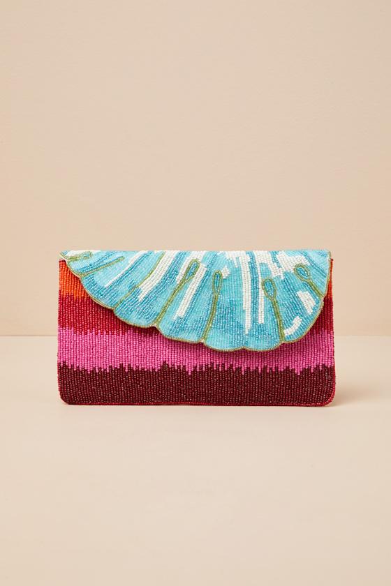 Rozina Multi Striped Beaded Leaf Clutch Product Image