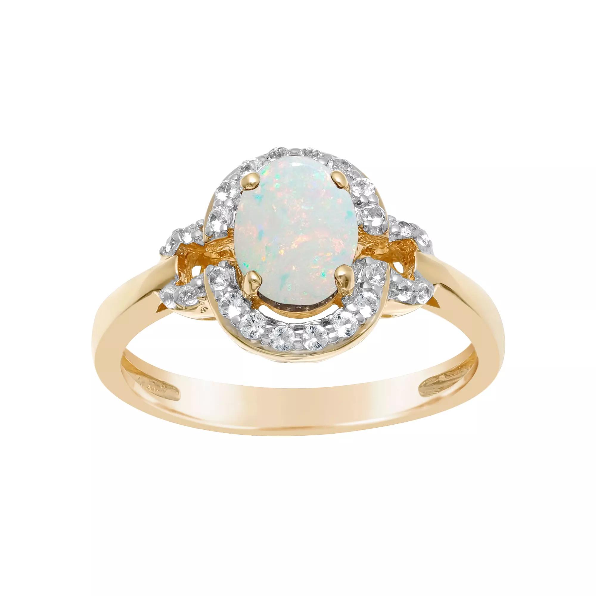 Gemminded 18k Gold over Sterling Silver Oval Lab Created Opal Ring with Lab Created White Sapphire Accent, Women's, Gold Tone Product Image