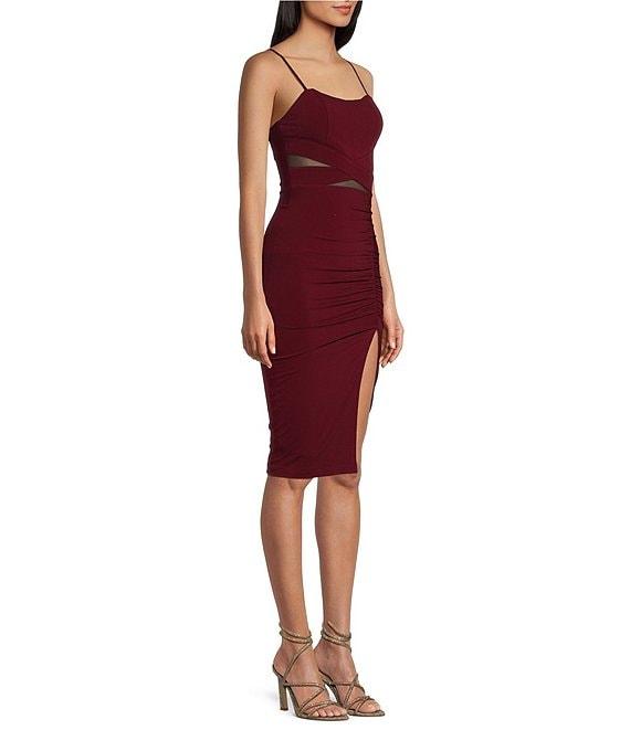 Illusion Mesh Waist Cut-Out Shirred Side Slit Dress Product Image