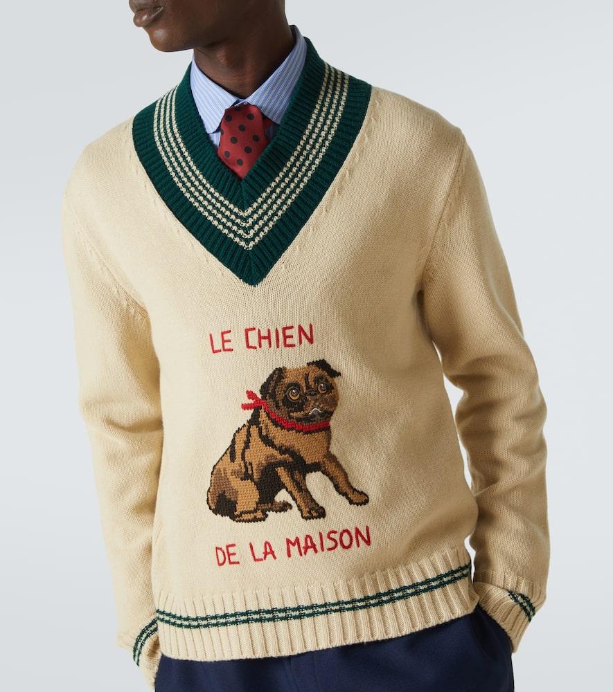 VALENTINO Embroidered V-neck Crewneck Sweater With Ribbed Trim In White Product Image