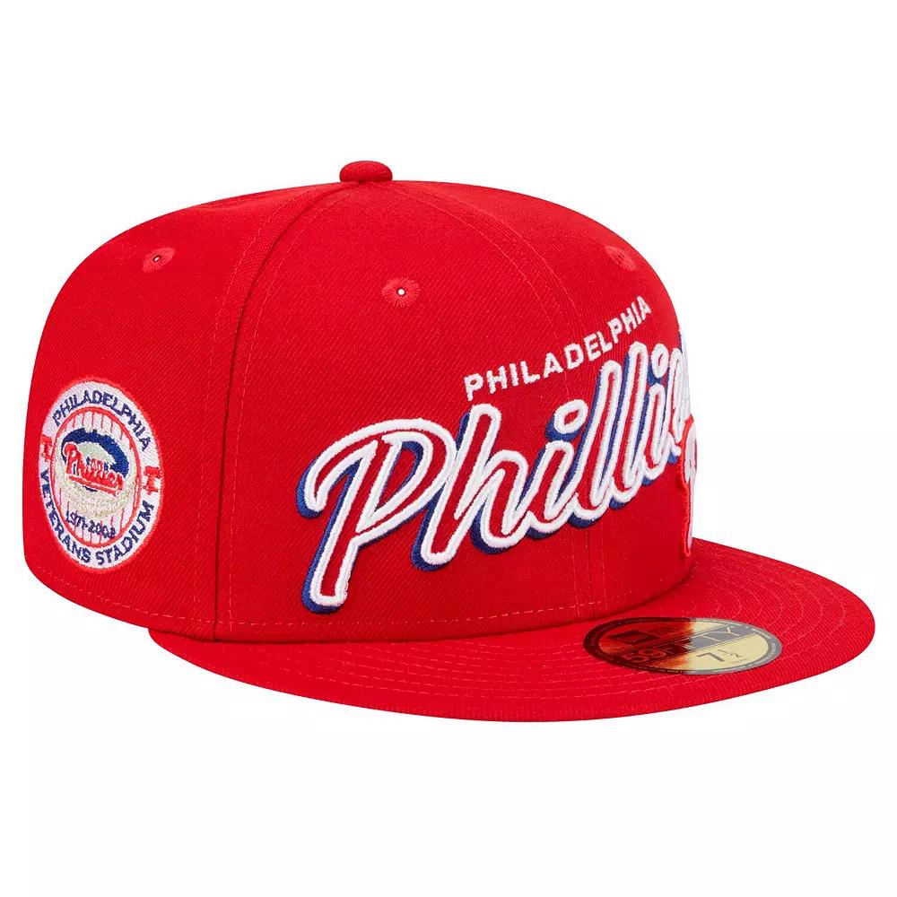 Men's New Era Red Philadelphia Phillies Script Sided 59FIFTY Fitted Hat,  Product Image