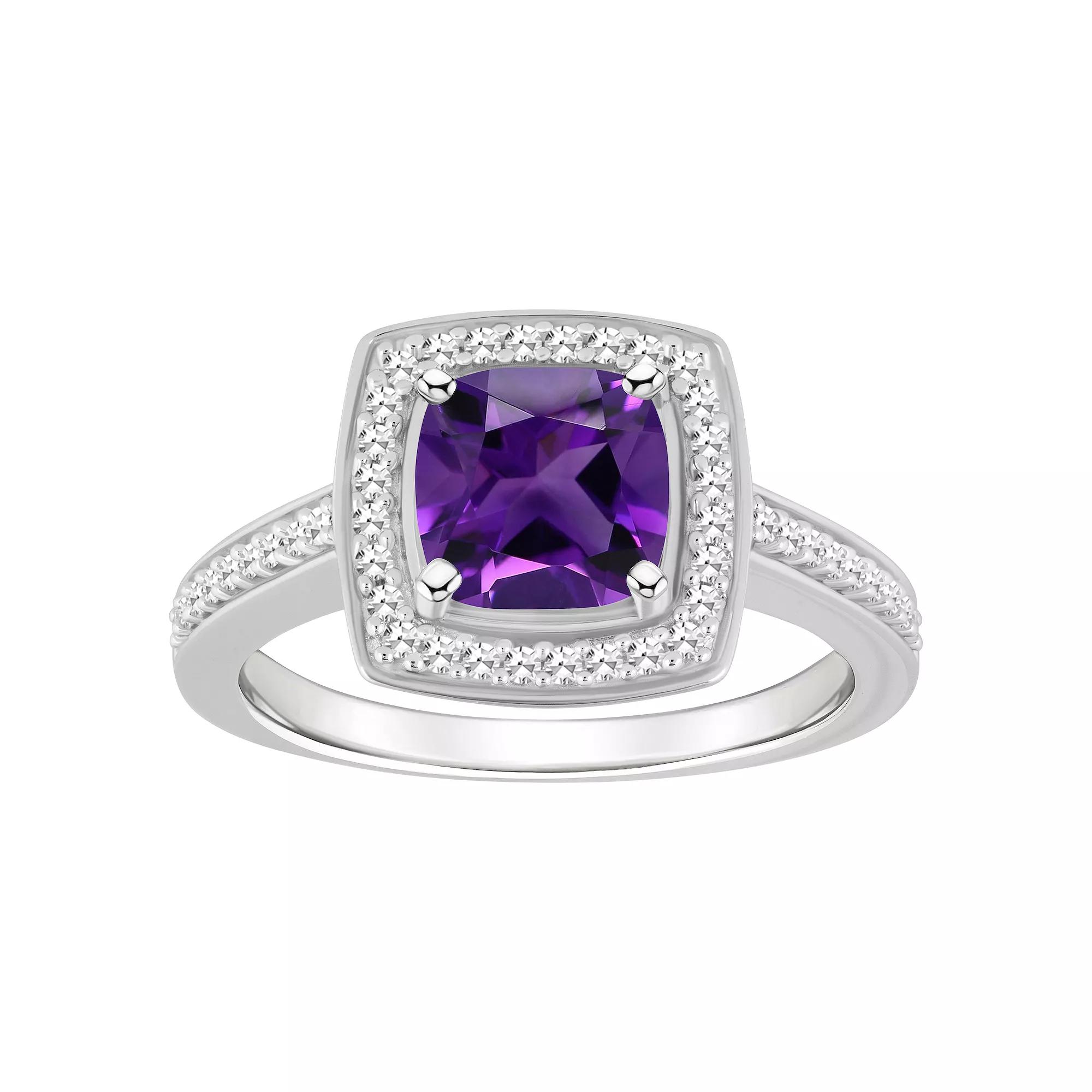 Celebration Gems Sterling Silver 7 mm Cushion Gemstone & 1/4 Carat T.W. Diamond Halo Ring, Women's, Size: 5, Purple Product Image
