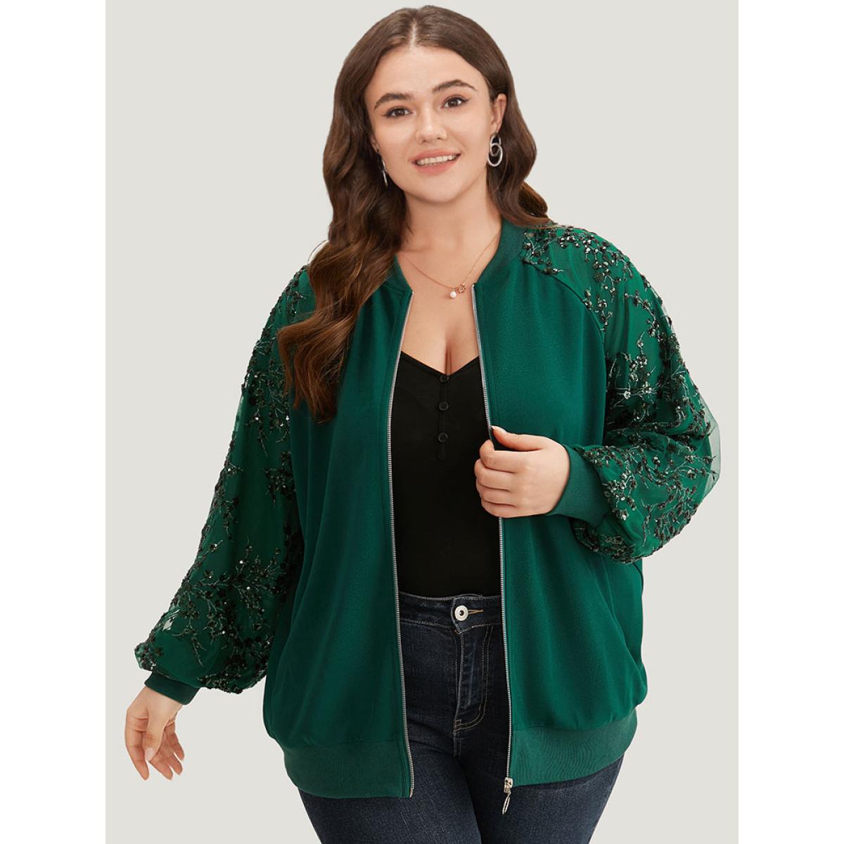 Plus Size Embroidered Patchwork Mesh Zipper Jacket Women Green Elastic cuffs Dailywear Jackets BloomChic 22-24/3X Product Image