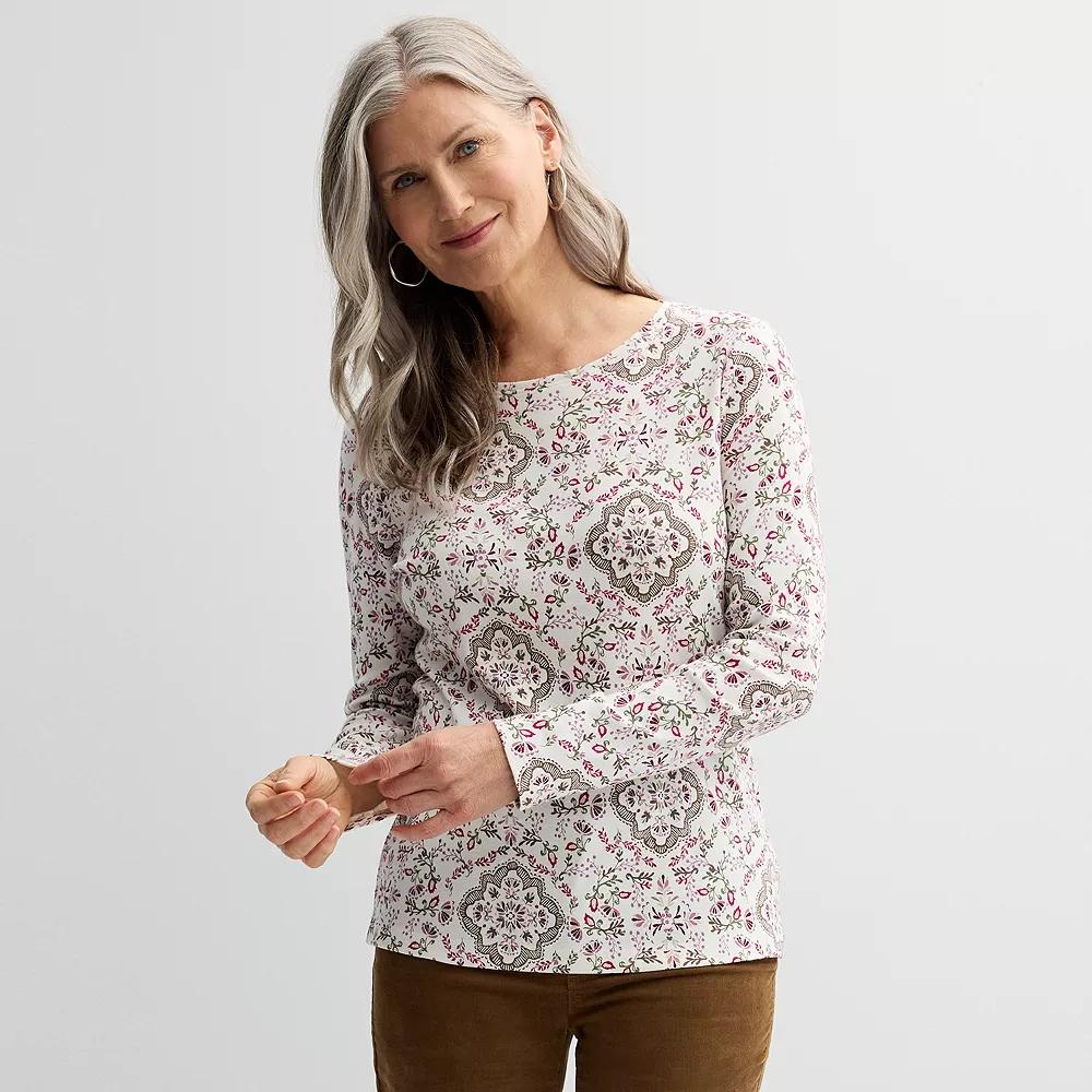 Women's Croft & Barrow® Essential Long-Sleeve Crewneck Tee, Size: Small, Ivory Medallion Product Image