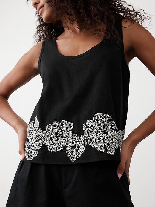 Linen-Blend Embroidered Scoop-Neck Top Product Image