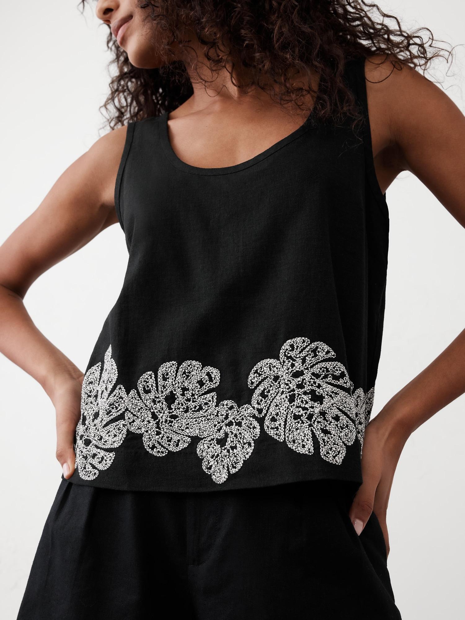 Linen-Blend Embroidered Scoop-Neck Top Product Image