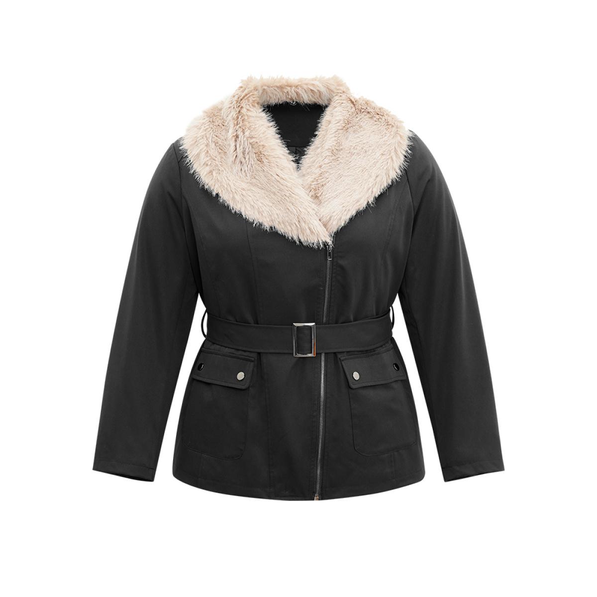 Plus Size Fuzzy Trim Patchwork Zipper Belted Lapel Collar Coat Women Black Casual Lined Ladies Dailywear Winter Coats BloomChic 12/L Product Image