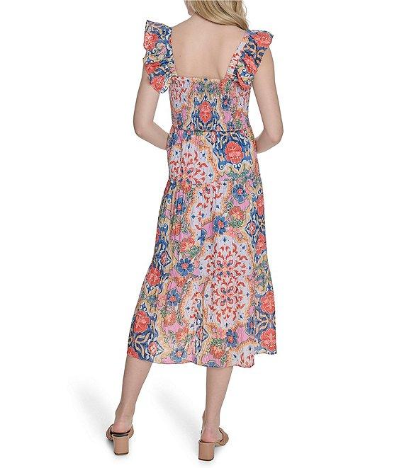Vince Camuto Placement Print Square Neck Sleeveless Tiered Midi Dress Product Image