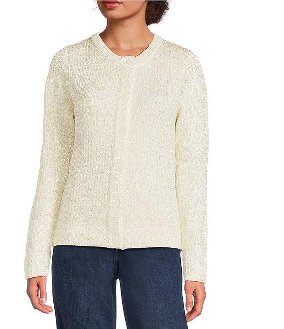 Greige Allover Sequin Crew Neck Long Sleeve Button-Front Sweater Cardigan Product Image