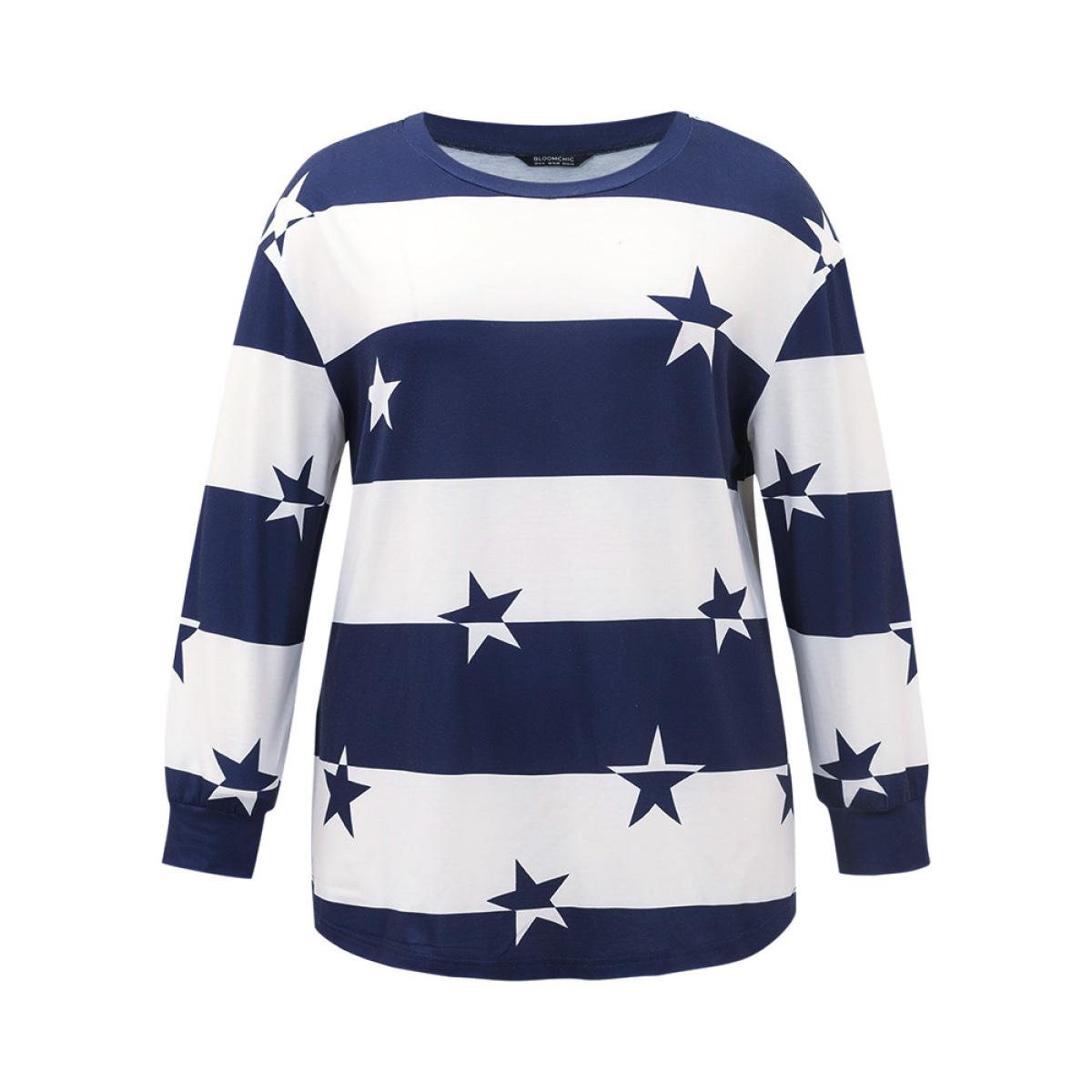 Plus Size Striped & Star Contrast Crew Neck T-shirt Blue Women Casual Contrast Moon and Star Round Neck Dailywear T-shirts BloomChic 10/M Product Image