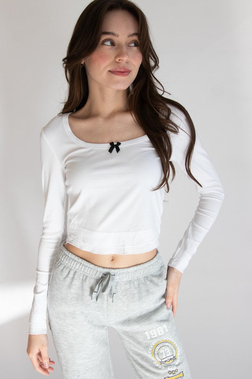 Layered Hem Bow Detail Long Sleeve Top Product Image