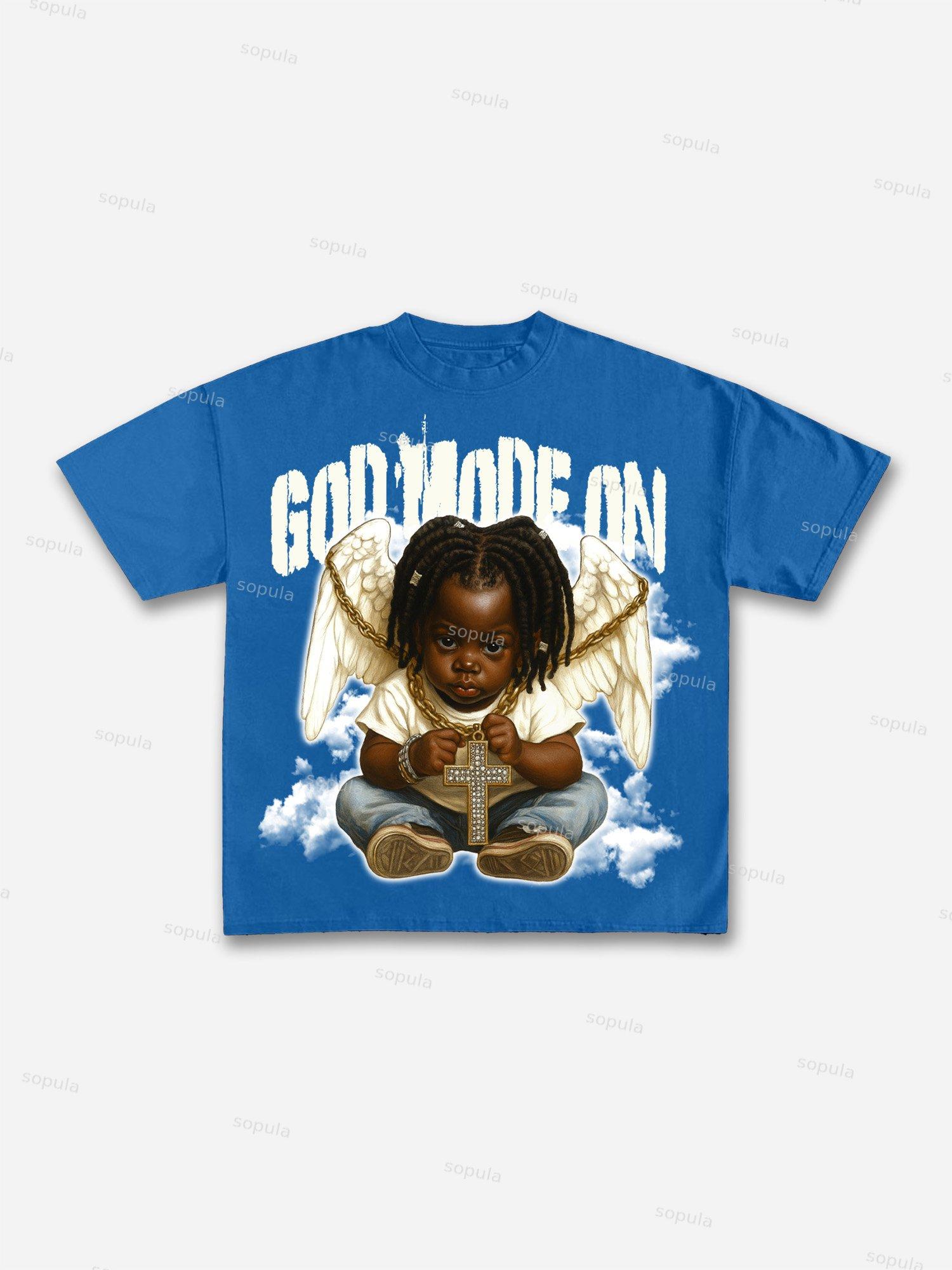Black Kid Angel God Mode Is On Vintage Graphic Cotton T-shirt Product Image