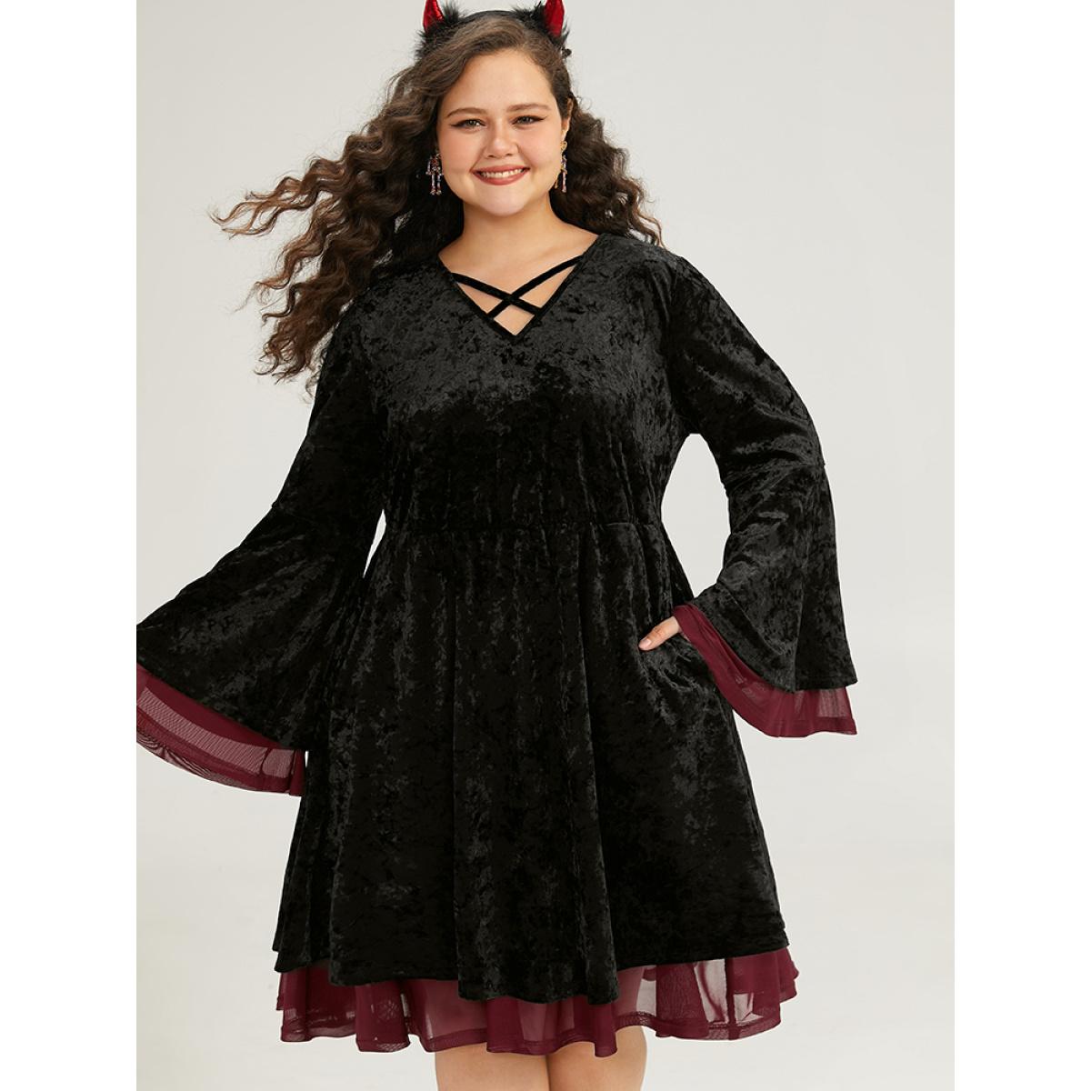 Plus Size Halloween Velvet Contrast Layered Crisscross Neck Dress Black Women Elegant Plain V-neck Long Sleeve Curvy Knee Dress BloomChic 14-16/1X Product Image