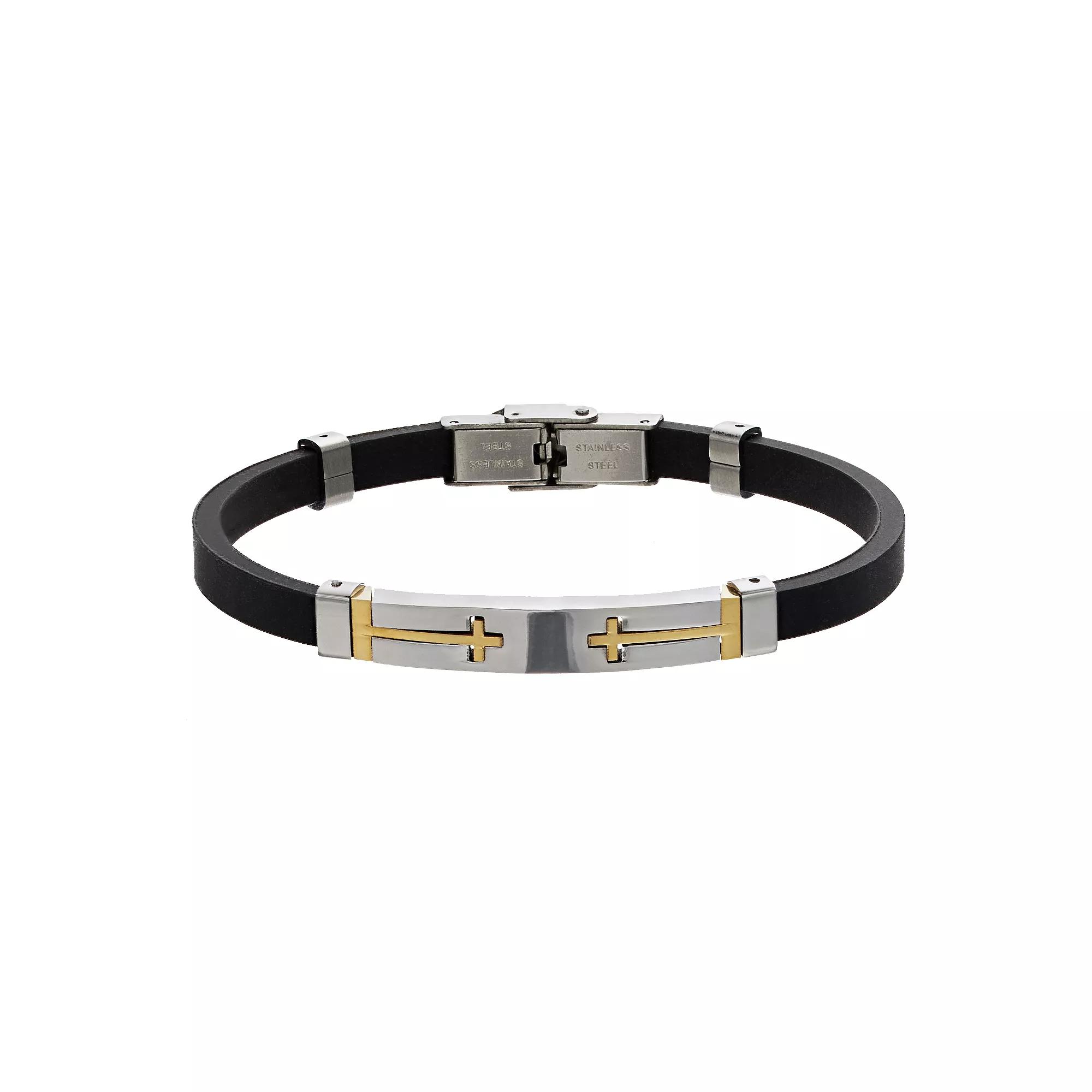Men's Two-Tone Ion-Plated Stainless Steel Cross & Black Rubber Bracelet, Size: 8" Product Image