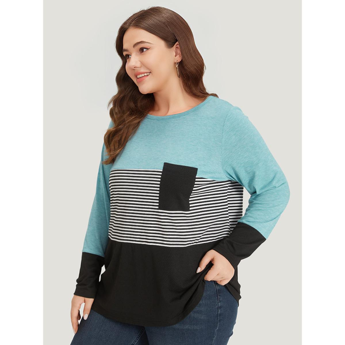 Plus Size Striped Colorblock Contrast Patchwork Crew Neck T-shirt Multicolor Women Casual Contrast Striped Round Neck Dailywear T-shirts BloomChic 10/M Product Image