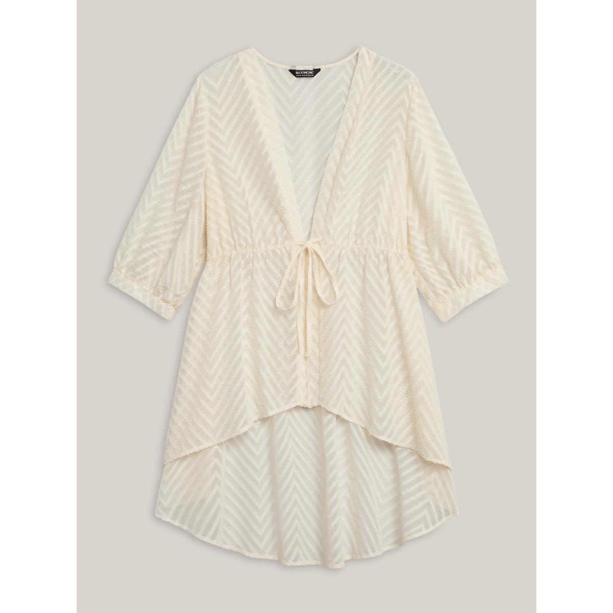 Plus Size Textured Sheer Tied High-Low Kimono Women Beige Resort Tie knot Bodycon Vacation Kimonos BloomChic 18-20/2X Product Image