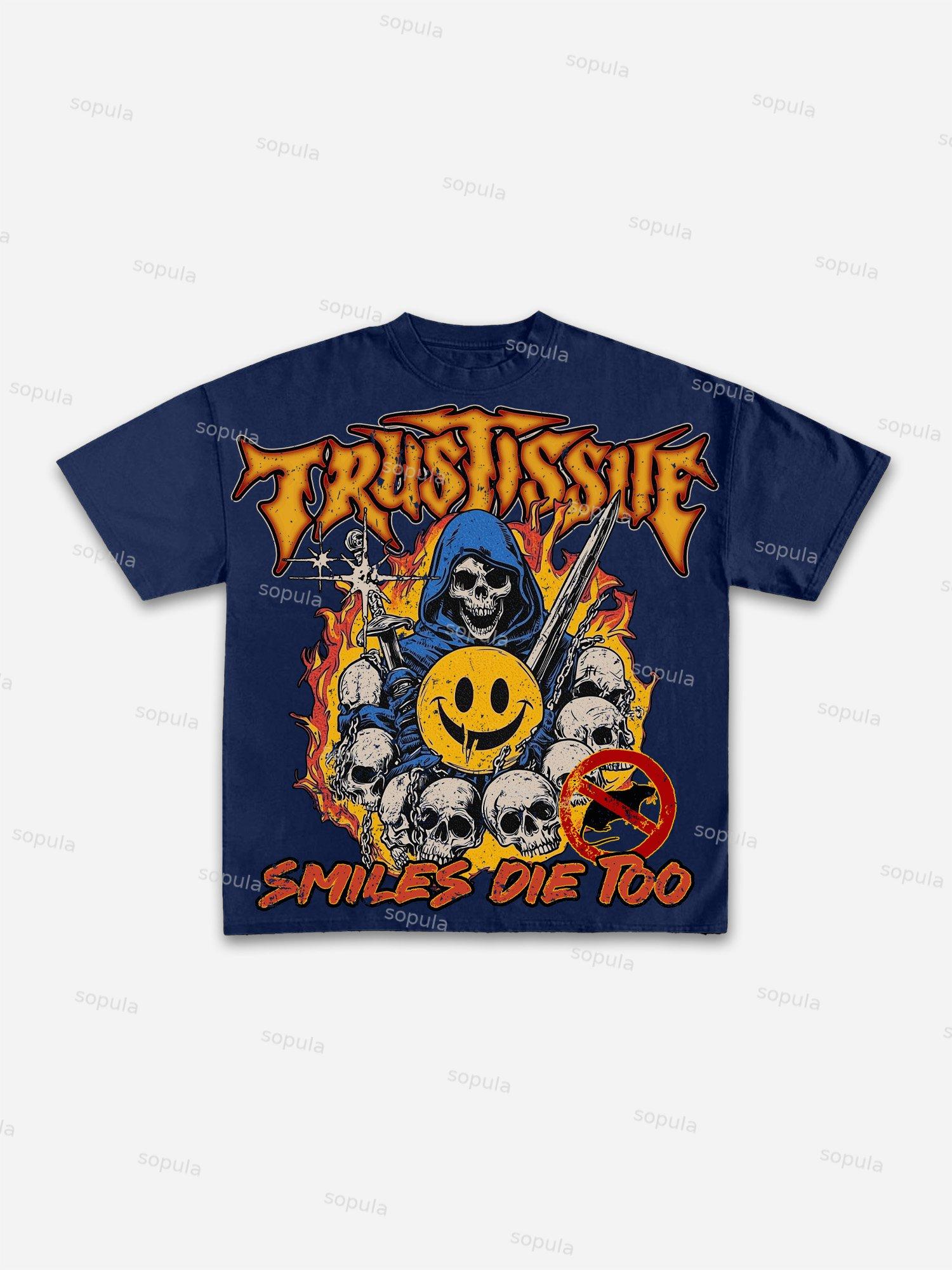 Dystopian Street Smiles Die Too Graphics Cotton T-shirt Product Image