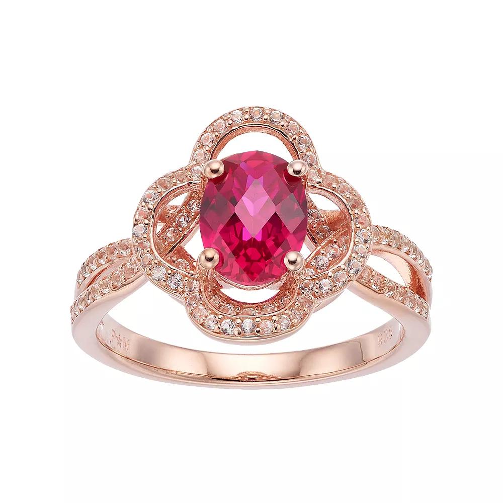 14k Rose Gold Over Silver Lab-Created Ruby & White Sapphire Flower Ring, Women's, Size: 6, Pink Tone Product Image