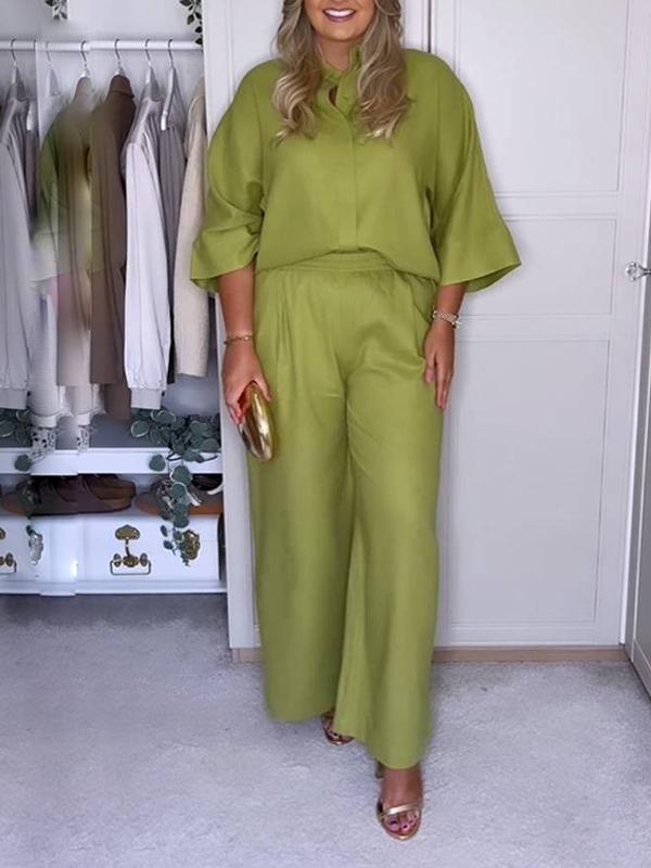 Loose Solid Color Split-Joint Split-Side Lapel Blouse + Elasticity Pleated Pants Trousers Two Pieces Set Product Image