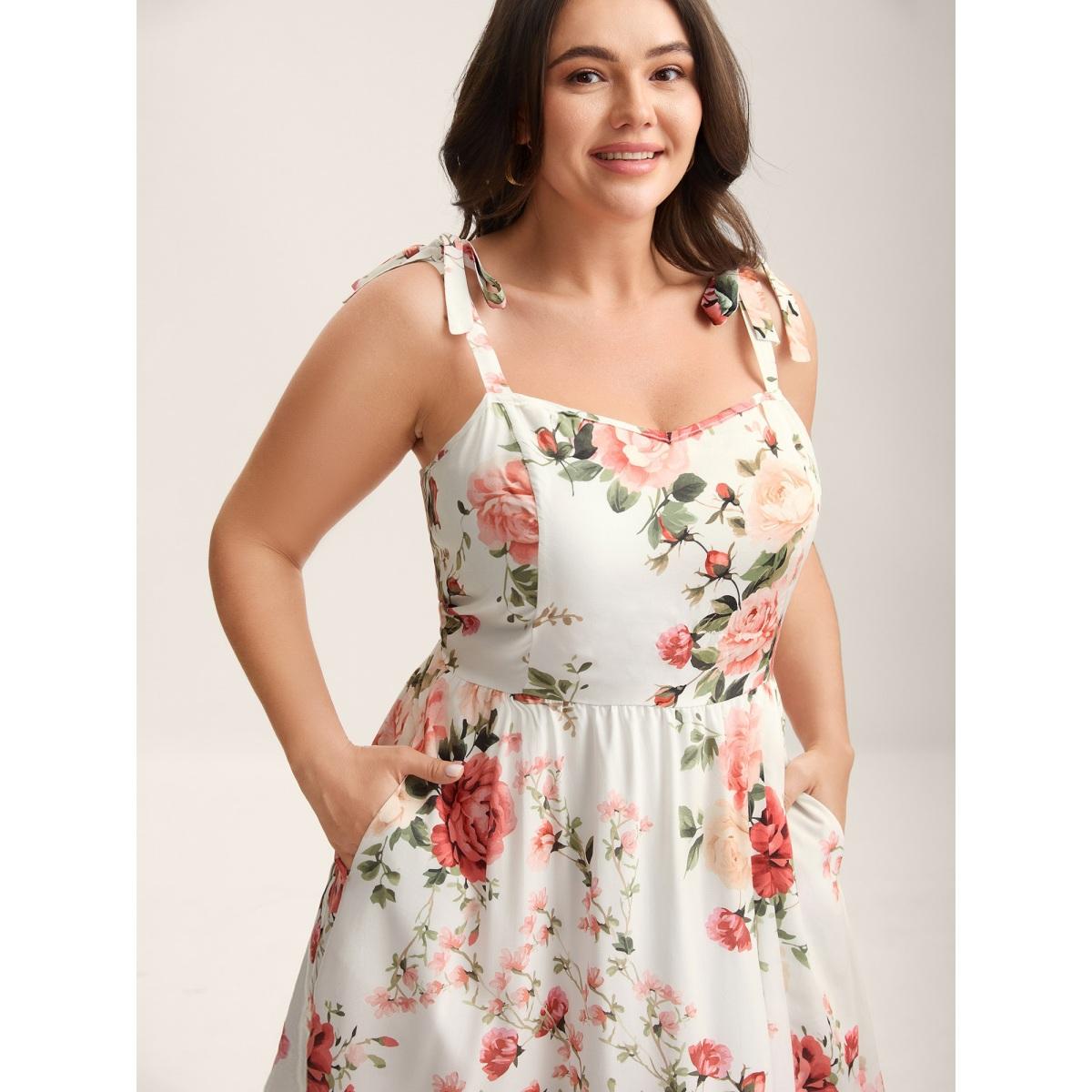 Plus Size Rosy Print Bow Strap Pockets Midi Dress Originalwhite Women Romantic Non Sleeveless Curvy BloomChic 22-24/3X Product Image