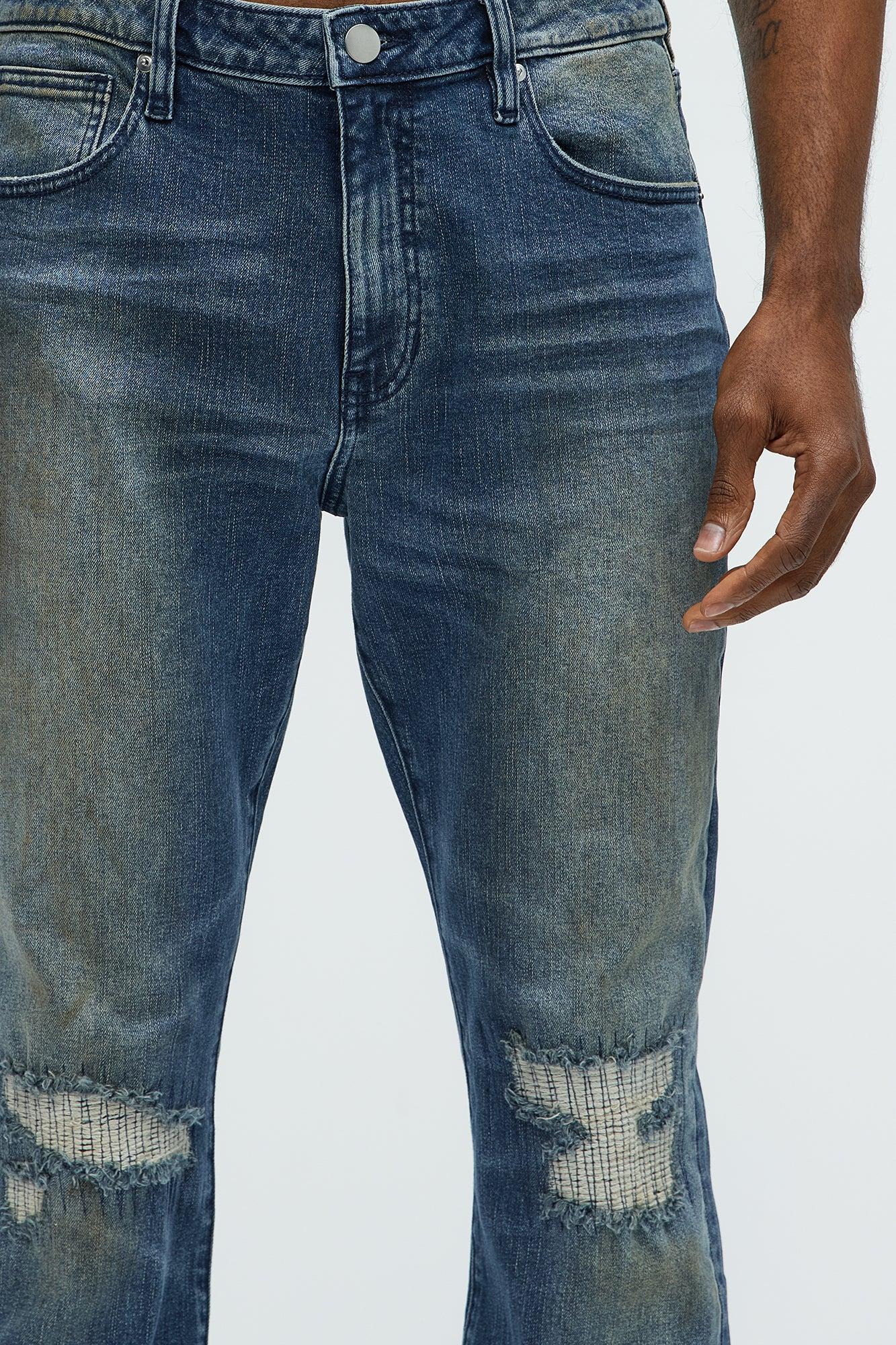 Faded In And Out Repaired Skinny Flare Jeans - Dark Wash Product Image